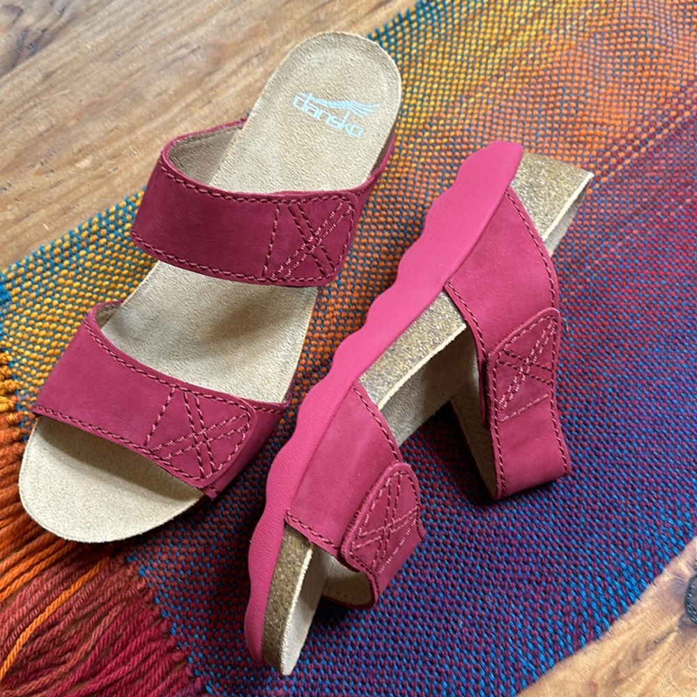 Dansko raspberry red suede Velcro strap wedge sandals
